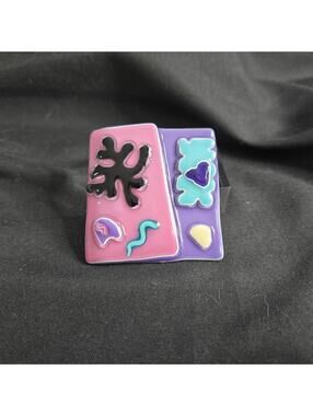 Fused Art Glass Brooch Abstract Colorful Pin Pink Purple Modern 1980s Fun Unique